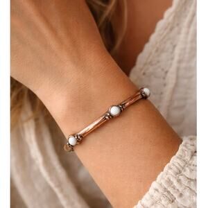 Vintage Style Solid Copper Bangle Bracelet White Cabochon Boho Chic